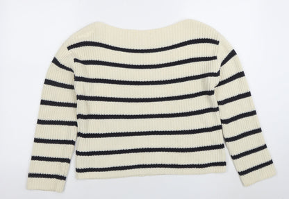H&M Women Ivory Striped Boat Neck Knit Jumper Size S