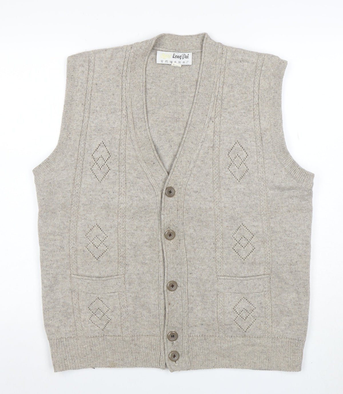 Long Dai Men's Beige Wool V-Neck Argyle Button Vest 2XL