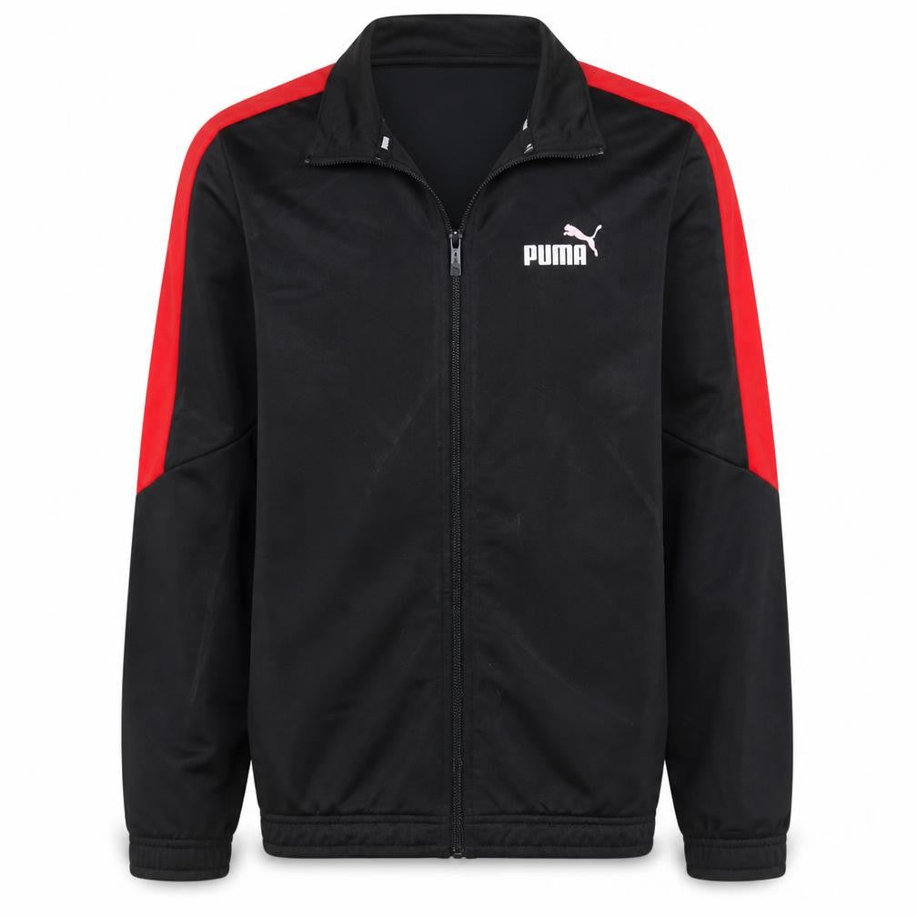 Front view of Puma boys’ black red full zip sweatshirt, size 13-14, years classic fit