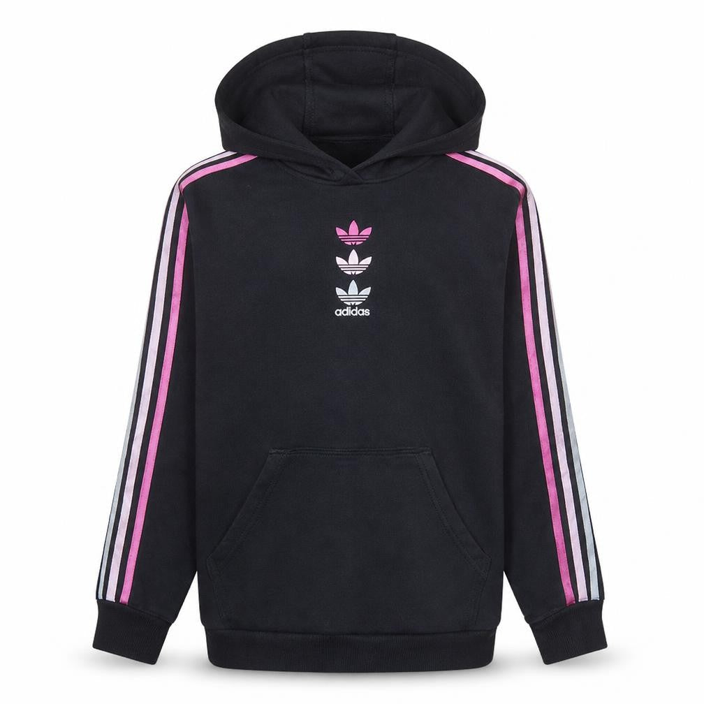 Front view of Adidas girls’ black pullover hoodie 15-16 years hooded fleece logo sweatshirt