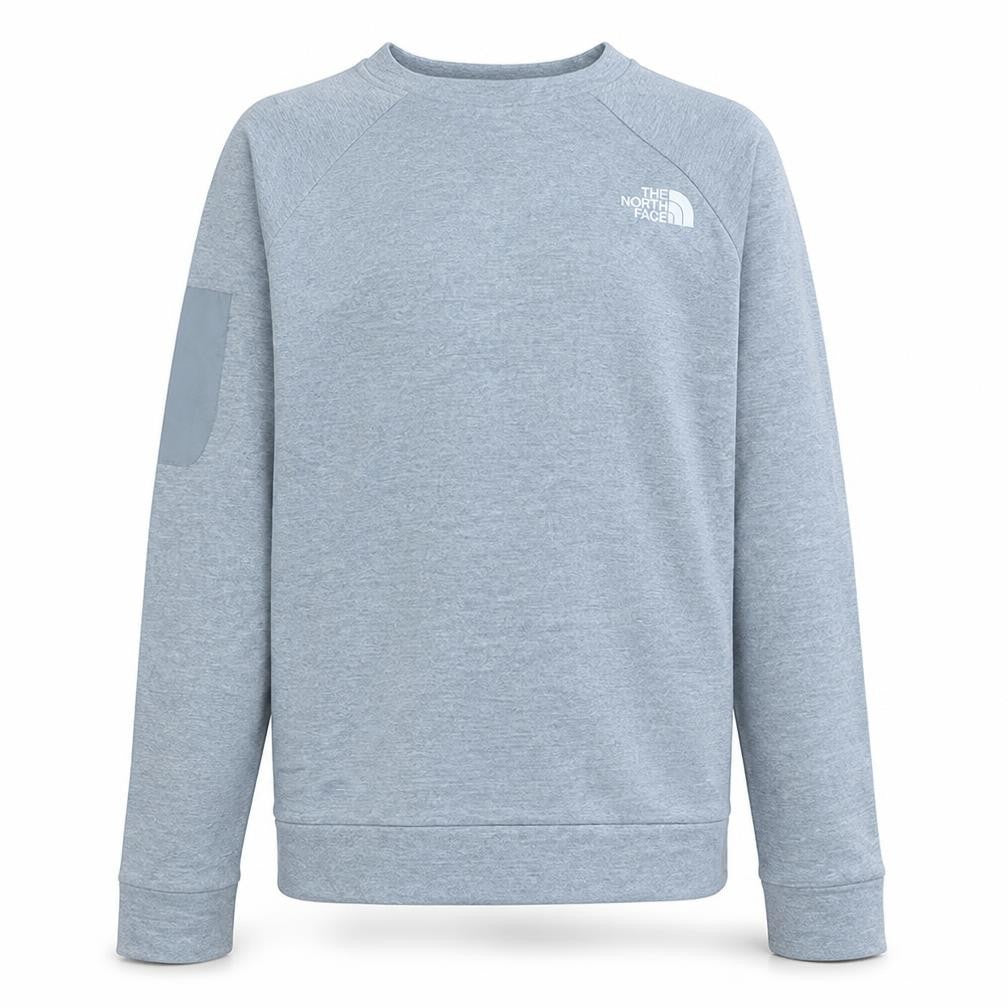 Front view of The North Face boys’ grey crew neck sweatshirt, size L, youth fleece