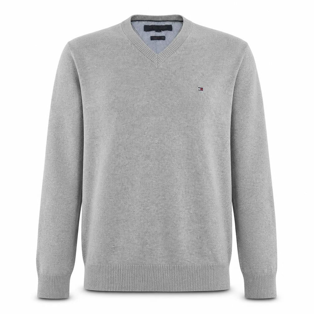Tommy Hilfiger Men's Grey V-Neck Cotton Jumper Size S