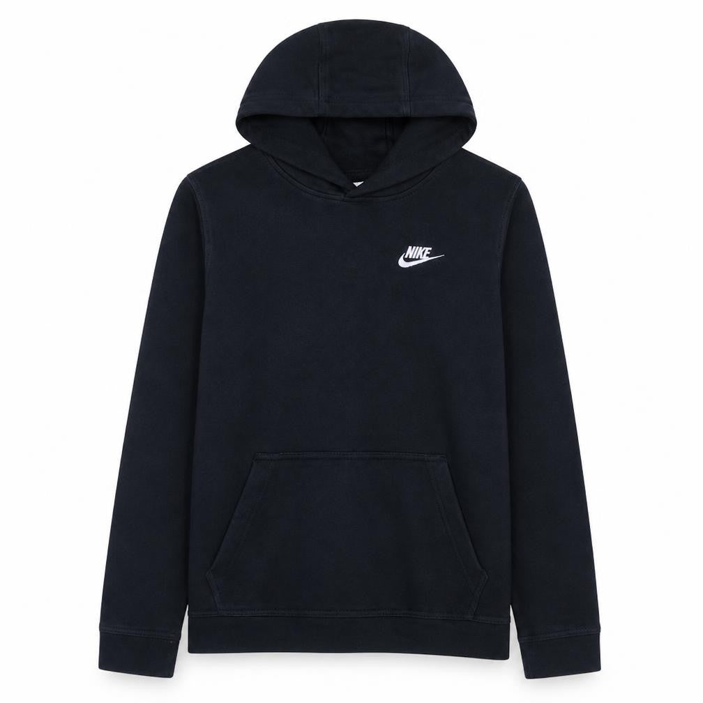 Front view of Nike boys’ black xl pullover fleece hoodie with logo pocket