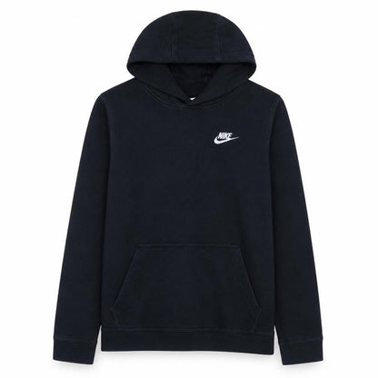 Front view of Nike boys’ black xl pullover fleece hoodie with logo pocket
