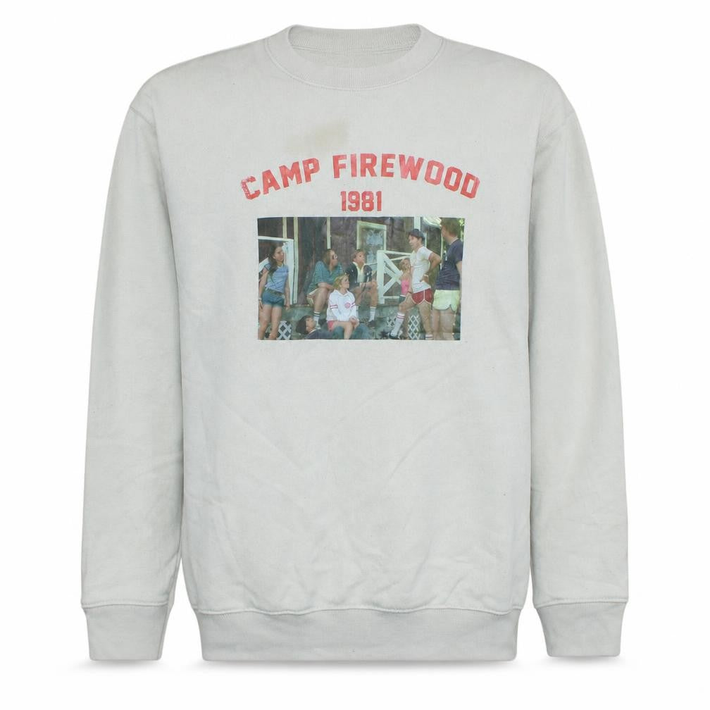 Front view of Minga London unisex white camp firewood 1981 graphic sweatshirt s