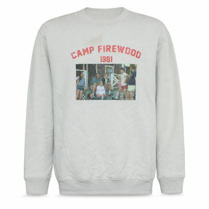 Front view of Minga London unisex white camp firewood 1981 graphic sweatshirt s
