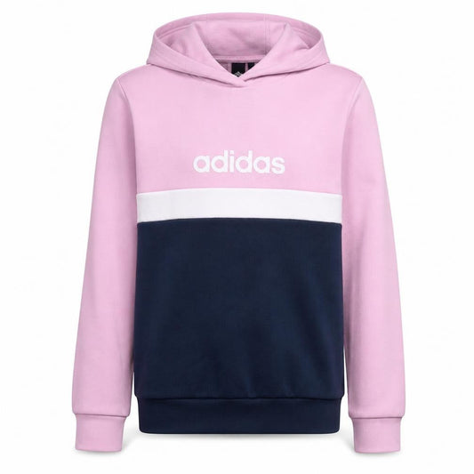 Front view of Adidas girls’ pink colourblock logo pullover hoodie, size 14, years