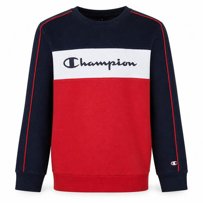 Front view of Champion boys’ navy red colourblock sweatshirt xl 13-14 yrs crew neck fleece