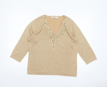 M&Co Women's Beige Sequin V-Neck 3/4 Sleeve Pullover Jumper XL