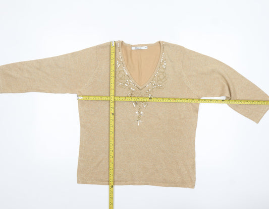 M&Co Women's Beige Sequin V-Neck 3/4 Sleeve Pullover Jumper XL