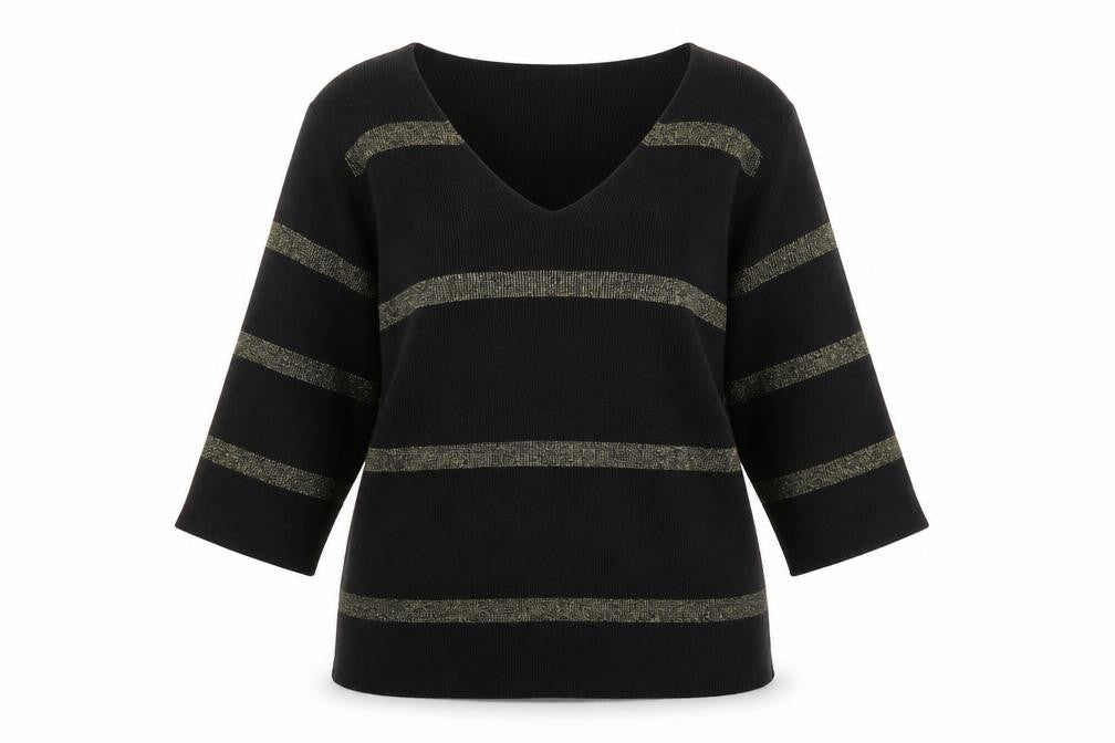 Marks and Spencer Womens Black Metallic Stripe V-Neck Jumper Size 18
