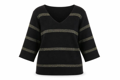 Marks and Spencer Womens Black Metallic Stripe V-Neck Jumper Size 18