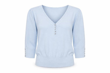 Marks and Spencer Women's Blue V-Neck Henley Jumper Size 10