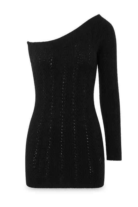 Front view of I Saw It First Women's Black One Shoulder Bodycon Knit Dress, size 6