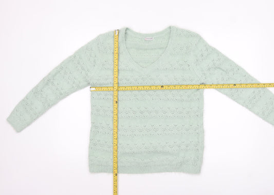 Damart Women Green V-Neck Knit Jumper Size 14 Long Sleeve Pullover