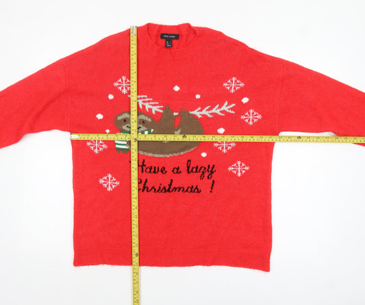 New Look Women's Red Christmas Sloth Pullover Jumper Size L
