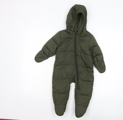 Old Navy Unisex Baby Green Puffer Snowsuit 6-9 Months Hooded Winter Suit