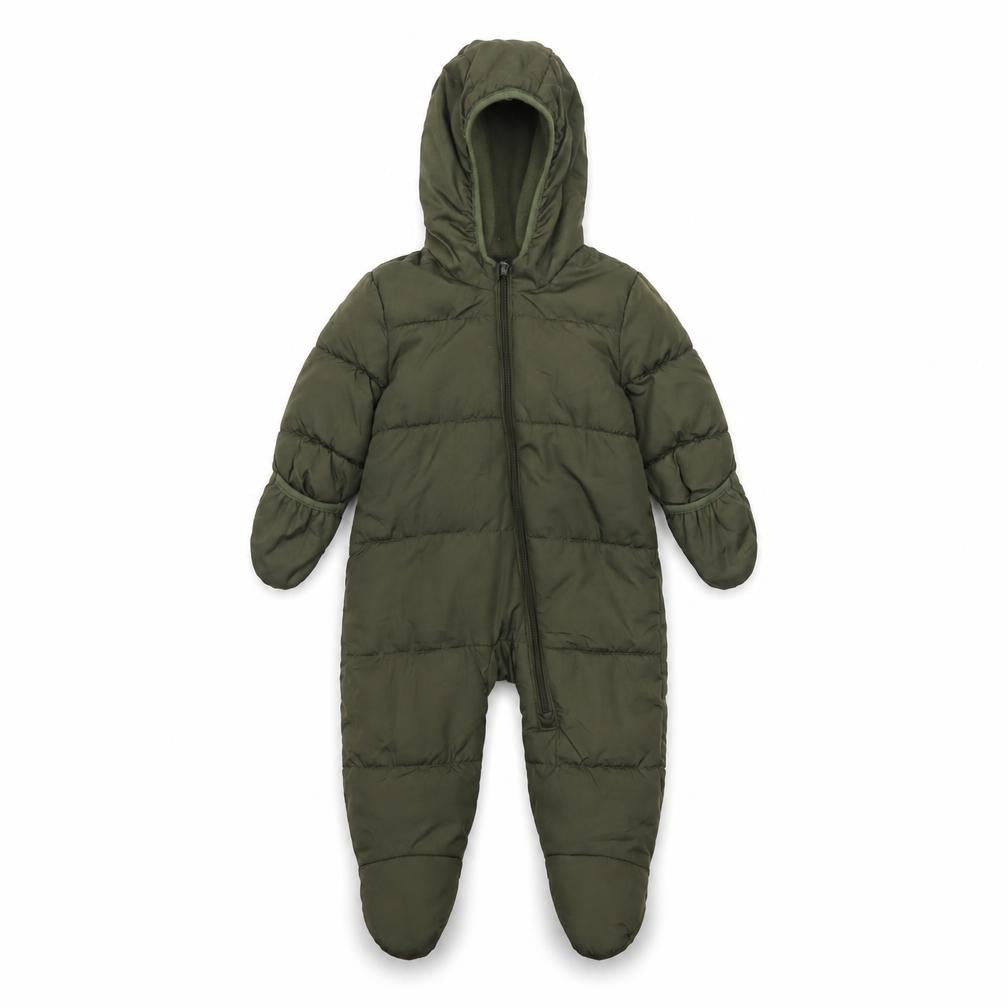 Front view of Old Navy unisex baby green puffer snowsuit 6-9 months hooded winter suit