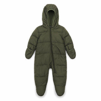 Front view of Old Navy unisex baby green puffer snowsuit 6-9 months hooded winter suit