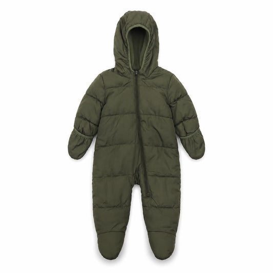 Front view of Old Navy unisex baby green puffer snowsuit 6-9 months hooded winter suit