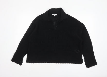 RR Women’s Black Collared Open-Knit Cotton Blend Pullover Jumper Size M