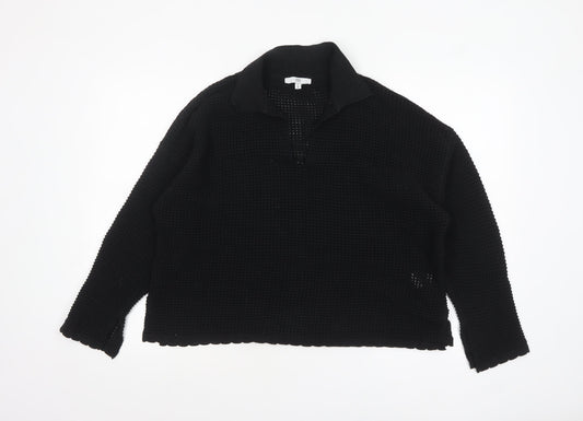 RR Women’s Black Collared Open-Knit Cotton Blend Pullover Jumper Size M