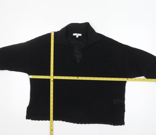 RR Women’s Black Collared Open-Knit Cotton Blend Pullover Jumper Size M