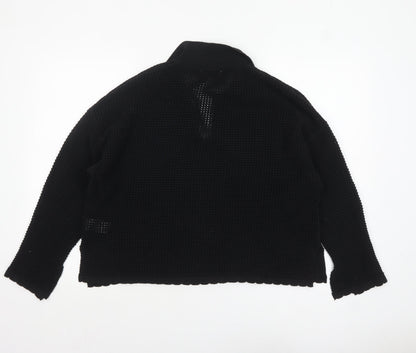 RR Women’s Black Collared Open-Knit Cotton Blend Pullover Jumper Size M