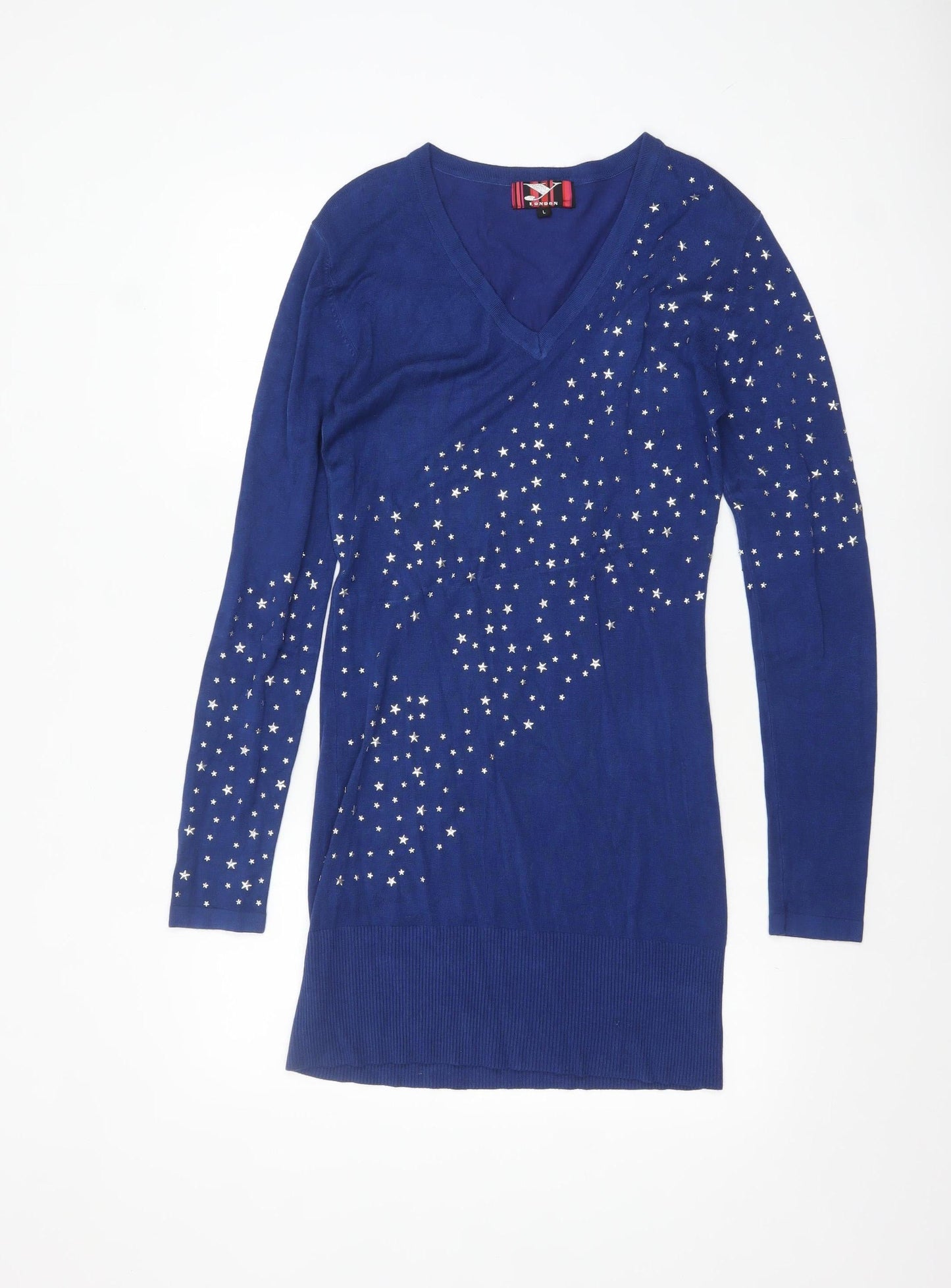 Y London Women Blue Studded V-Neck Bodycon Knit Dress L