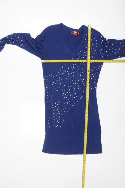 Y London Women Blue Studded V-Neck Bodycon Knit Dress L