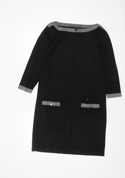 Nine West Women Black Shift Dress S Knit 3/4 Sleeve Bow Detail