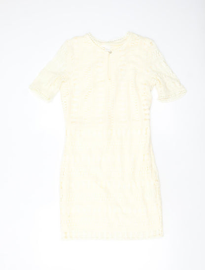 H&M Women Ivory Lace Shift Dress Size 8 Short Sleeve Lined