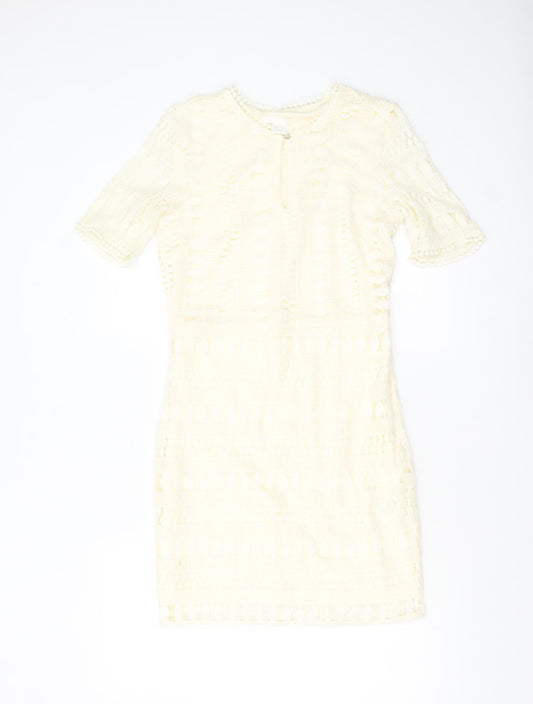 H&M Women Ivory Lace Shift Dress Size 8 Short Sleeve Lined