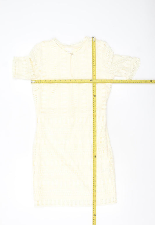 H&M Women Ivory Lace Shift Dress Size 8 Short Sleeve Lined