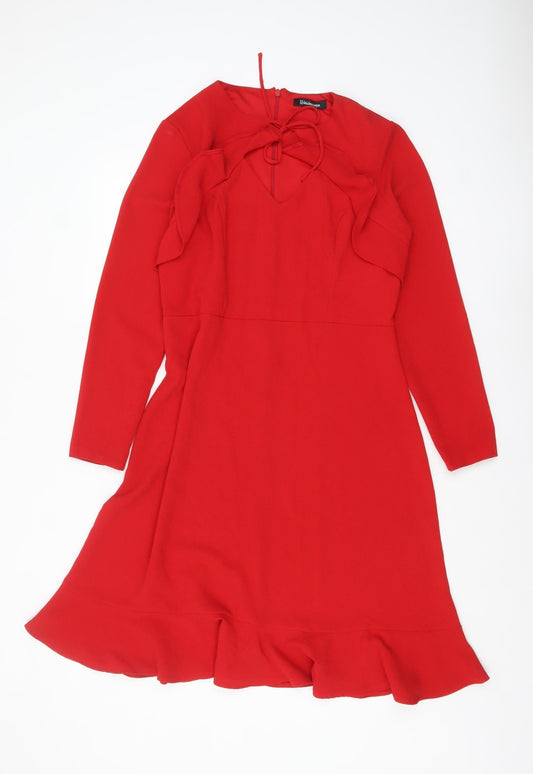 Kaleidoscope Women Red Long Sleeve Ruffle Hem Fit & Flare Dress Size 14