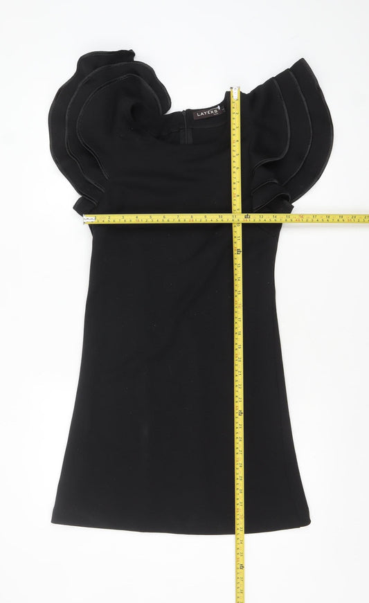 LAYERS Paris Women's Black Short Bodycon Ruffle Sleeve Dress S