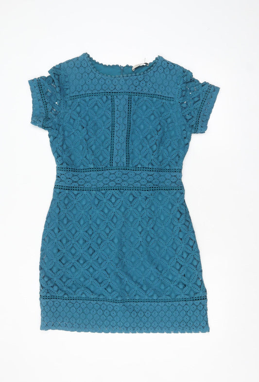 Oasis Women Blue Short Sleeve Lace Sheath Dress Size M