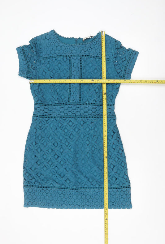 Oasis Women Blue Short Sleeve Lace Sheath Dress Size M