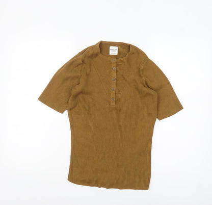People Tree Women Brown Organic Cotton Henley Jersey Top UK 10