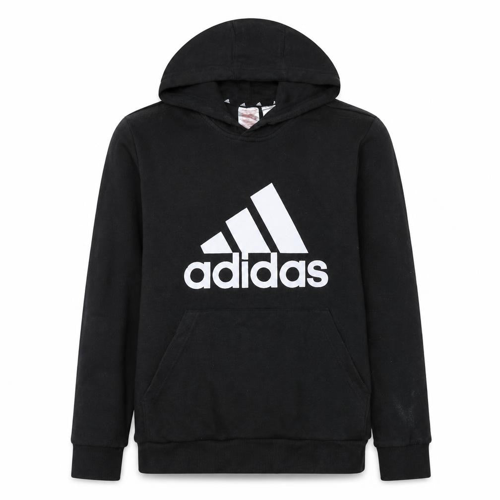 Front view of Adidas boys’ black pullover hoodie 13-14 years regular fit graphic logo