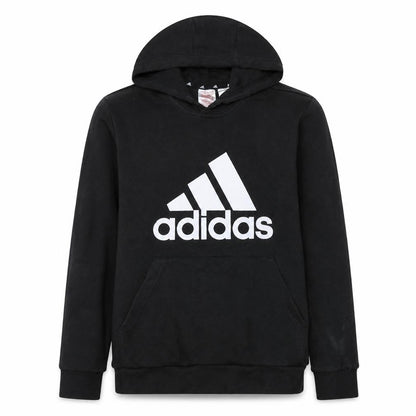 Front view of Adidas boys’ black pullover hoodie 13-14 years regular fit graphic logo