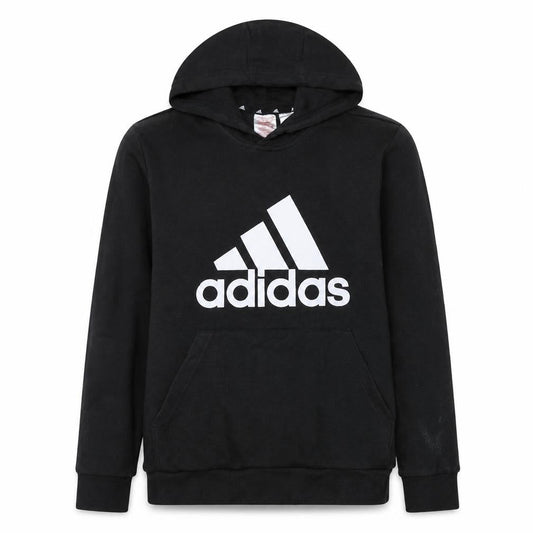 Front view of Adidas boys’ black pullover hoodie 13-14 years regular fit graphic logo