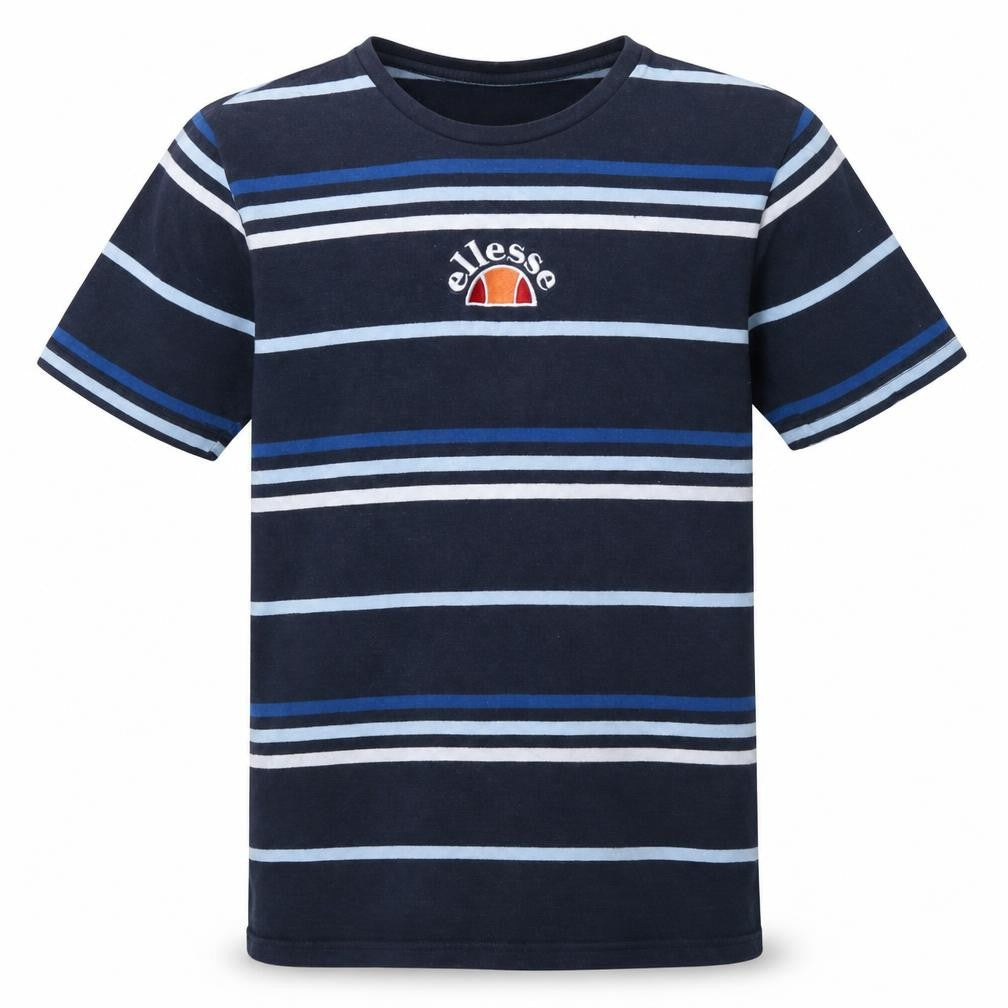 Front view of Ellesse Men's Navy Blue Striped Cotton Crew Neck T-Shirt L