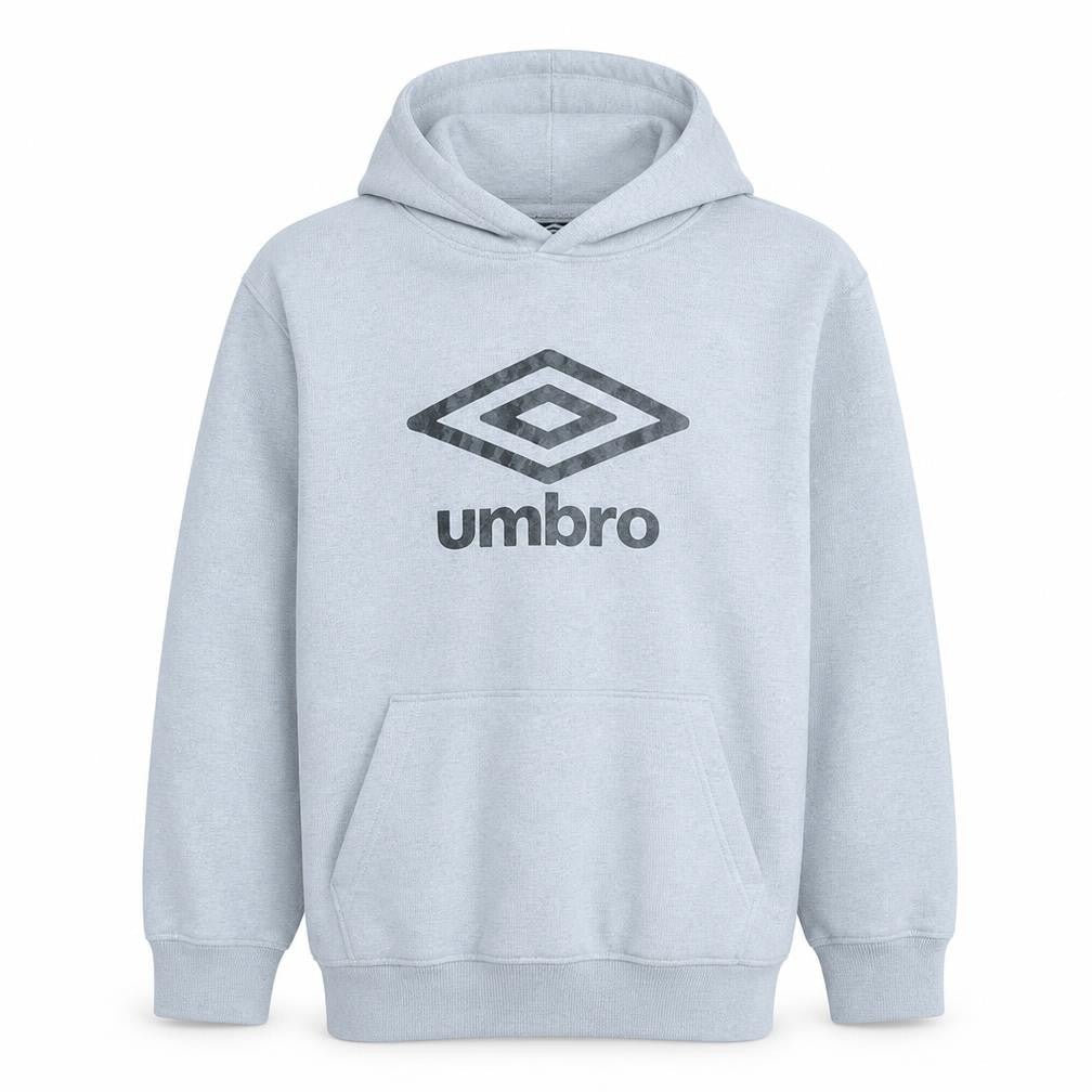 Front view of Umbro boys’ grey pullover hoodie, size 12-13, years cotton blend logo sweatshirt