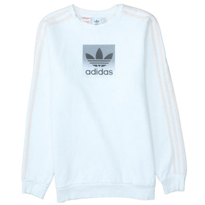 Adidas Girls White XL Pullover Sweatshirt with Logo Print and Striped Sleeves