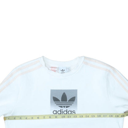 Adidas Girls White XL Pullover Sweatshirt with Logo Print and Striped Sleeves