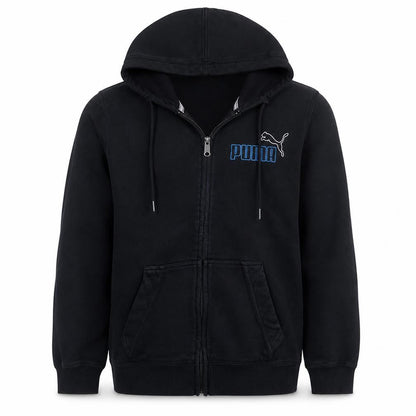 Front view of Puma Men's Black Full Zip Hoodie M Sportswear Fleece Sweatshirt