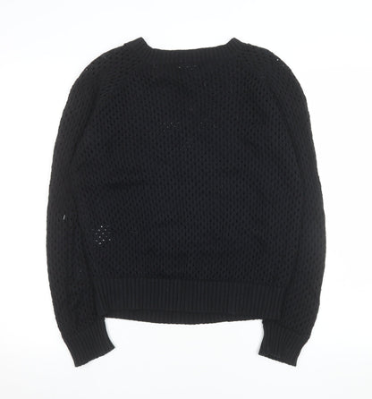 Idano Womens Black Open-Knit Cotton Merino Crew Neck Jumper S