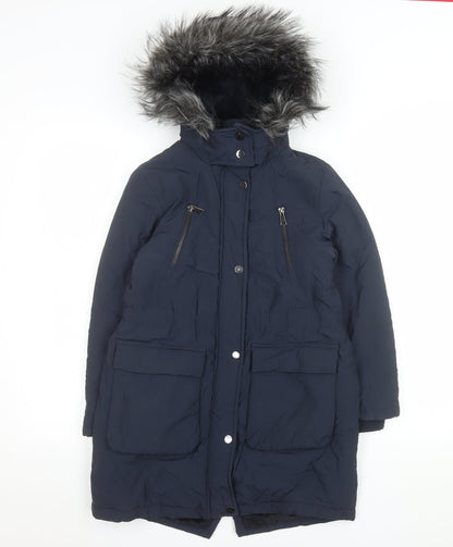 Next Girls Blue Faux Fur Hooded Long Parka Coat 9 Years Winter Jacket