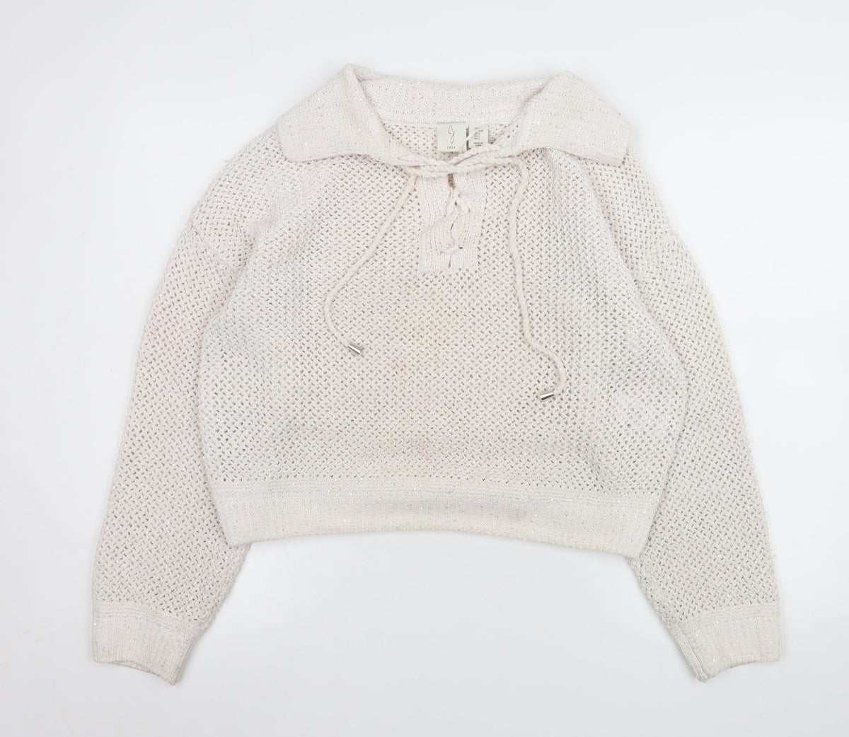 Joie Women's Ivory Open-Knit Sequin Collared Pullover Jumper Size L